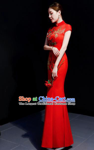 Chinese Traditional Embroidered Peony Red Qipao Dress Compere Cheongsam Costume for Women