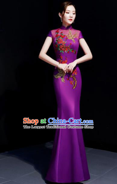 Chinese Traditional Embroidered Peony Purple Qipao Dress Compere Cheongsam Costume for Women