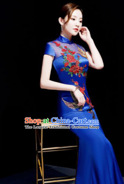 Chinese Traditional Embroidered Peony Royalblue Qipao Dress Compere Cheongsam Costume for Women