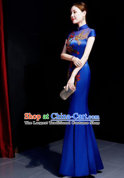 Chinese Traditional Embroidered Peony Royalblue Qipao Dress Compere Cheongsam Costume for Women