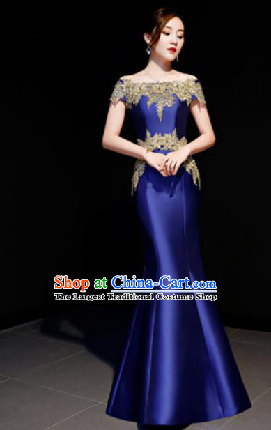 Top Compere Catwalks Embroidered Royalblue Full Dress Evening Party Costume for Women