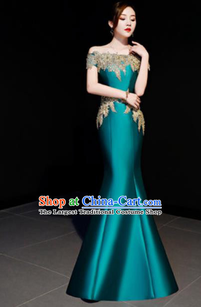 Top Compere Catwalks Embroidered Green Full Dress Evening Party Costume for Women