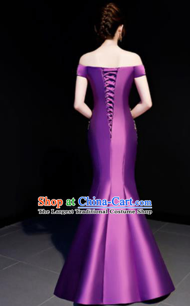 Top Compere Catwalks Embroidered Purple Full Dress Evening Party Costume for Women