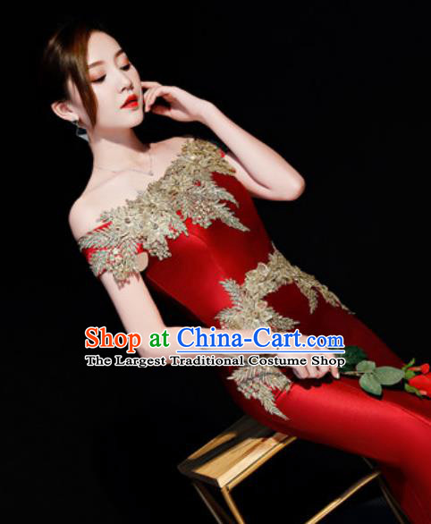 Top Compere Catwalks Embroidered Wine Red Full Dress Evening Party Costume for Women