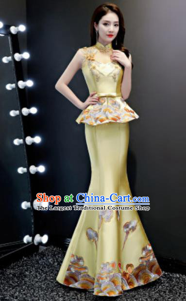 Chinese Traditional Chorus Embroidered Golden Full Dress Compere Cheongsam Costume for Women