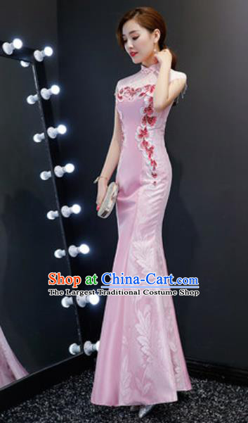 Chinese Traditional Embroidered Fishtail Pink Dress Compere Cheongsam Costume for Women