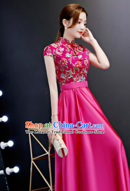 Chinese Traditional Rosy Qipao Dress Compere Cheongsam Costume for Women