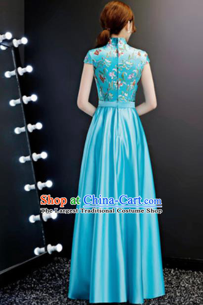 Chinese Traditional Blue Qipao Dress Compere Cheongsam Costume for Women