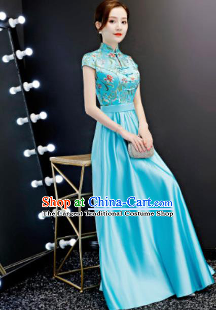 Chinese Traditional Blue Qipao Dress Compere Cheongsam Costume for Women