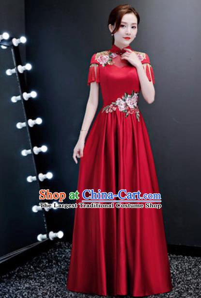 Top Compere Catwalks Embroidered Peony Wine Red Full Dress Evening Party Costume for Women