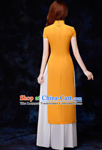 Chinese Traditional Printing Yellow Qipao Dress Compere Cheongsam Costume for Women
