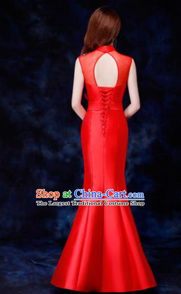 Chinese Traditional Embroidered Birds Red Qipao Dress Compere Cheongsam Costume for Women