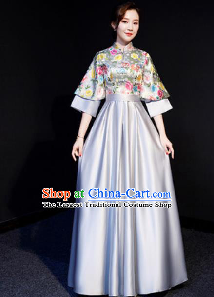 Chinese Traditional Bridesmaid Embroidered Grey Full Dress Spring Festival Gala Compere Cheongsam Costume for Women