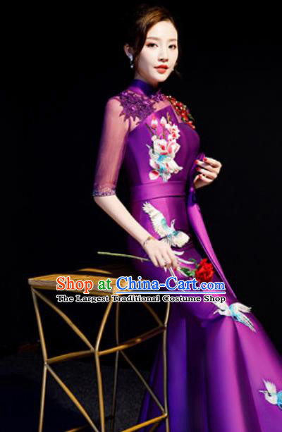 Top Compere Embroidered Purple Full Dress Evening Party Costume for Women