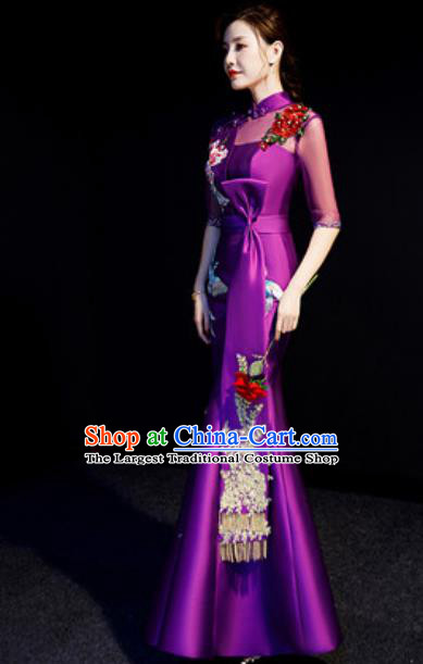 Top Compere Embroidered Purple Full Dress Evening Party Costume for Women