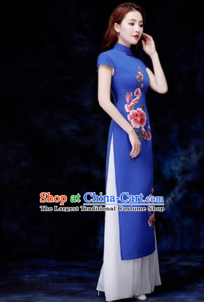 Chinese Traditional Embroidered Royalblue Qipao Dress Compere Cheongsam Costume for Women