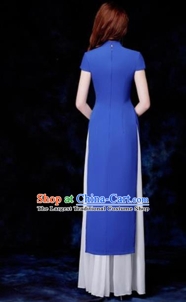 Chinese Traditional Embroidered Royalblue Qipao Dress Compere Cheongsam Costume for Women