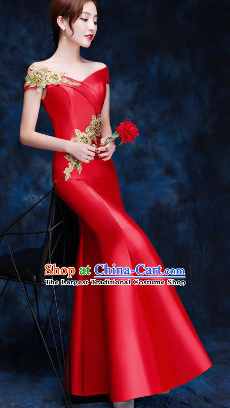 Top Compere Catwalks Embroidered Red Full Dress Evening Party Compere Costume for Women