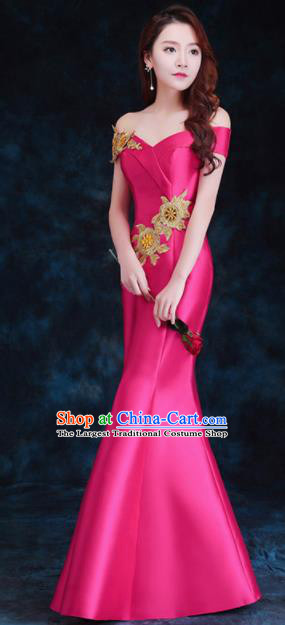 Top Compere Catwalks Embroidered Rosy Full Dress Evening Party Compere Costume for Women