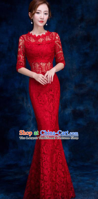 Top Compere Catwalks Red Lace Full Dress Evening Party Compere Costume for Women
