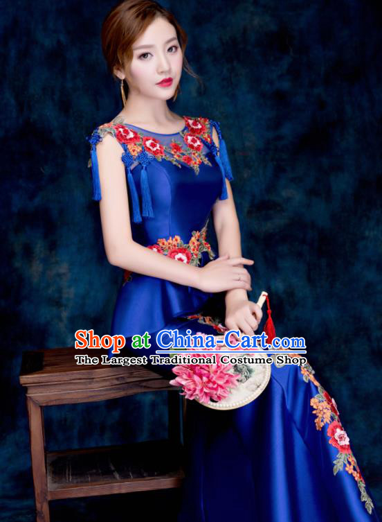 Top Compere Catwalks Embroidered Peony Royalblue Full Dress Evening Party Compere Costume for Women