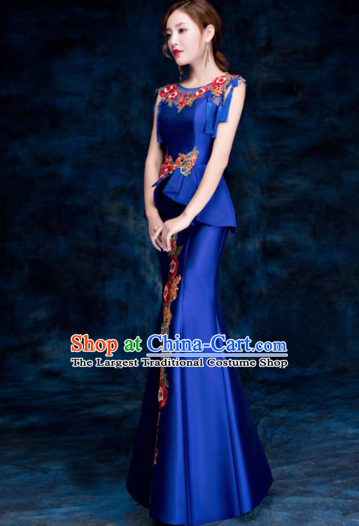 Top Compere Catwalks Embroidered Peony Royalblue Full Dress Evening Party Compere Costume for Women
