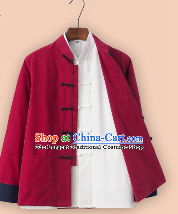 Chinese National Tang Suit Red Linen Jacket and Shirt Traditional Martial Arts Costumes for Men