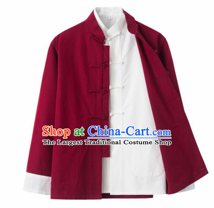 Chinese National Tang Suit Wine Red Linen Jacket and Shirt Traditional Martial Arts Costumes for Men