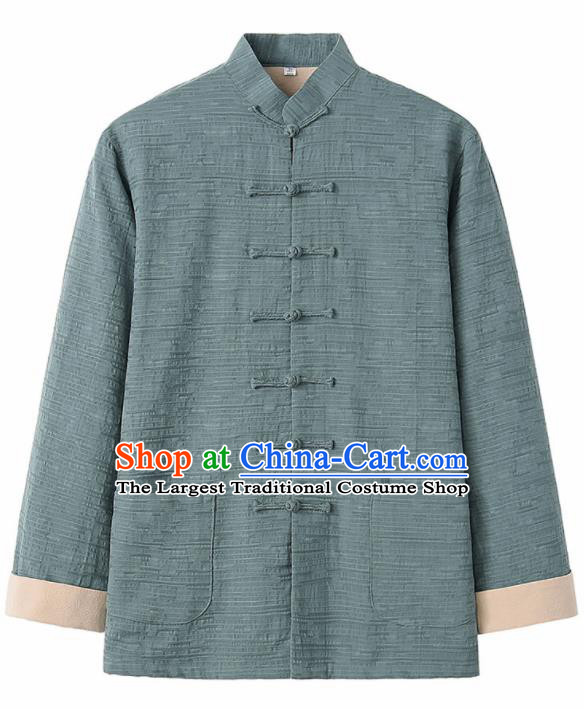 Chinese National Tang Suit Green Flax Jacket Overcoat Traditional Martial Arts Costumes for Men