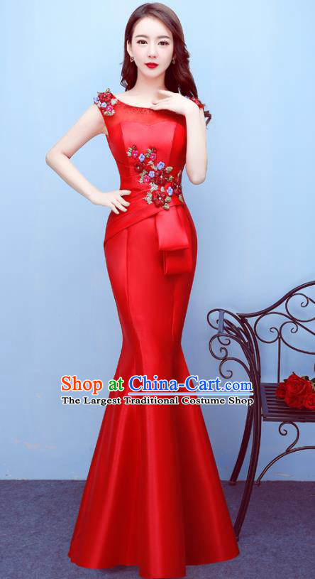 Top Compere Catwalks Red Satin Full Dress Evening Party Compere Costume for Women