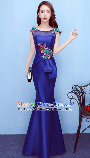 Top Compere Catwalks Deep Blue Satin Full Dress Evening Party Compere Costume for Women