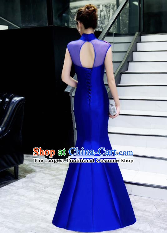 Chinese Traditional Embroidered Phoenix Peony Royalblue Qipao Dress Compere Cheongsam Costume for Women