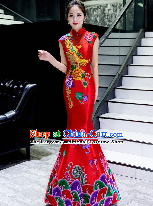 Chinese Traditional Embroidered Phoenix Peony Red Qipao Dress Compere Cheongsam Costume for Women