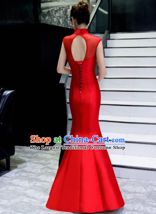 Chinese Traditional Embroidered Phoenix Peony Red Qipao Dress Compere Cheongsam Costume for Women