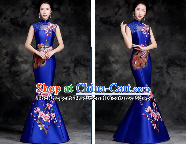 Chinese Traditional Embroidered Peacock Mangnolia Royalblue Qipao Dress Compere Cheongsam Costume for Women
