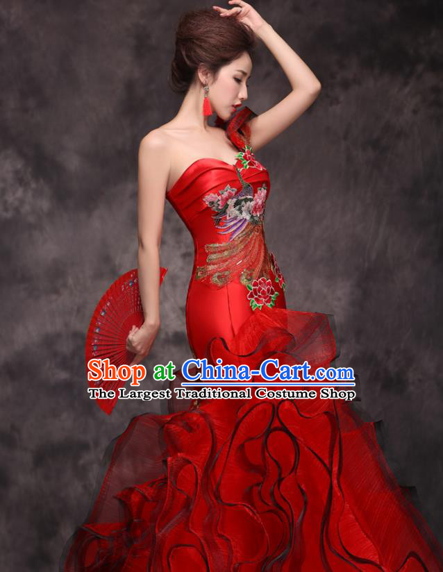 Chinese Traditional Wedding Embroidered Peacock Peony Red Qipao Dress Compere Cheongsam Costume for Women