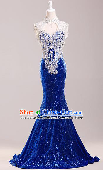 Top Compere Catwalks Royalblue Diamante Sequins Full Dress Evening Party Compere Costume for Women