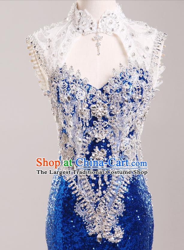 Top Compere Catwalks Royalblue Diamante Sequins Full Dress Evening Party Compere Costume for Women