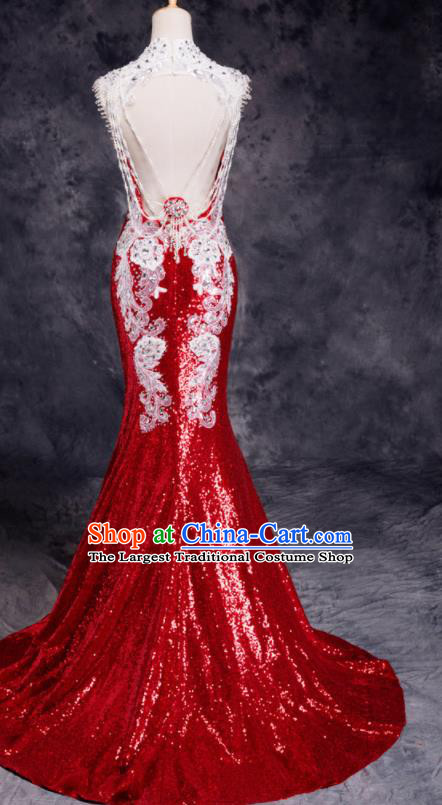 Top Compere Catwalks Red Diamante Sequins Full Dress Evening Party Compere Costume for Women
