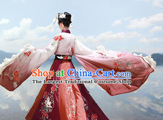 Chinese Jin Dynasty Court Princess Wine Red Embroidered Dress Traditional Ancient Flowers Goddess Costumes for Women