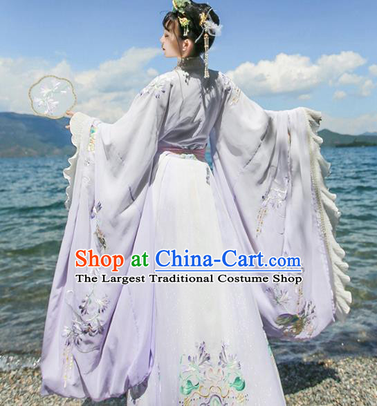 Chinese Jin Dynasty Imperial Consort Lilac Embroidered Dress Traditional Ancient Fairy Goddess Costumes for Women