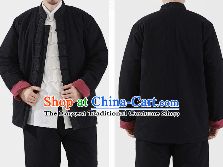 Chinese National Black Cotton Wadded Jacket and Pants Traditional Tang Suit Martial Arts Costumes Complete Set for Men
