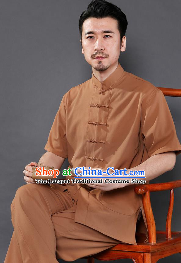 Chinese National Ginger Shirt and Pants Traditional Tang Suit Martial Arts Costumes Complete Set for Men
