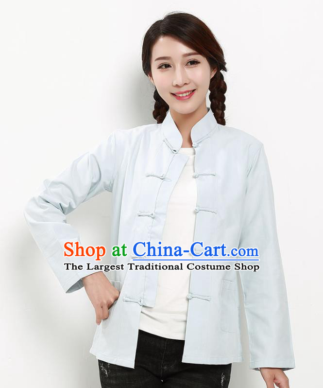 Chinese National Tang Suit Light Blue Blouse Traditional Martial Arts Shirt Costumes for Women