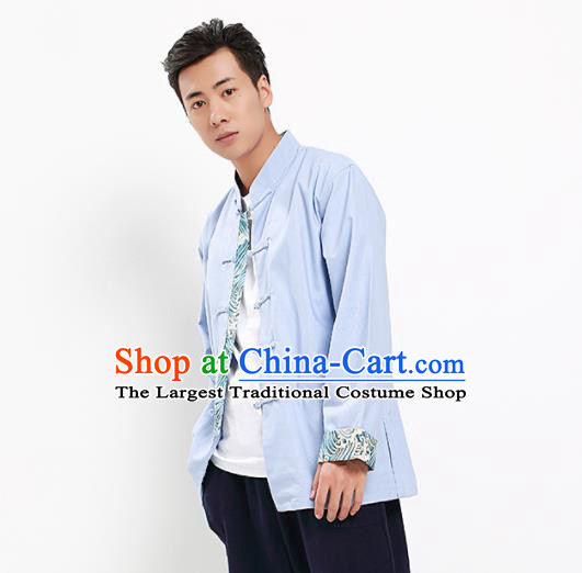 Chinese National Tang Suit Light Blue Flax Shirt Traditional Martial Arts Upper Outer Garment Costumes for Men