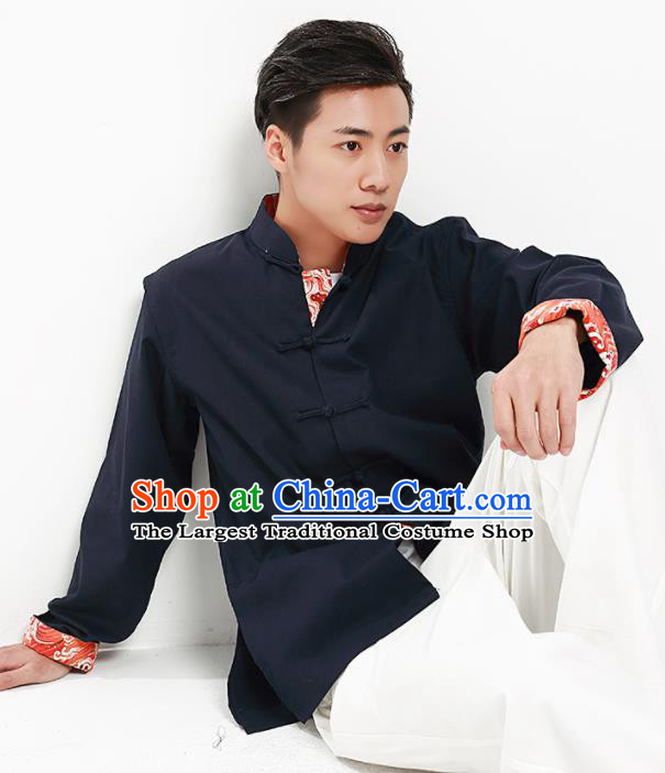 Chinese National Tang Suit Navy Flax Shirt Traditional Martial Arts Upper Outer Garment Costumes for Men