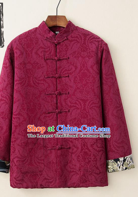 Chinese National Tang Suit Wine Red Thicken Jacket Traditional Martial Arts Costumes for Men