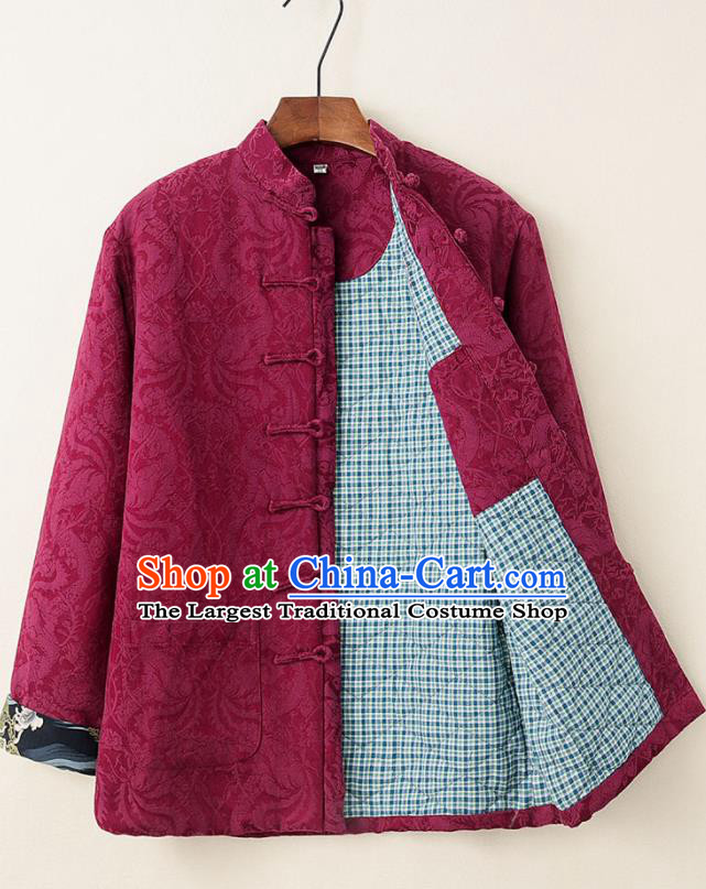 Chinese National Tang Suit Wine Red Thicken Jacket Traditional Martial Arts Costumes for Men