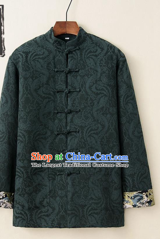Chinese National Tang Suit Deep Green Thicken Jacket Traditional Martial Arts Costumes for Men