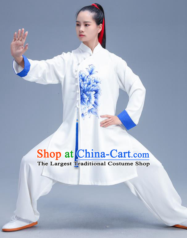 Chinese Traditional Kung Fu Competition Printing Peony White Garment Outfits Martial Arts Stage Show Costumes for Women